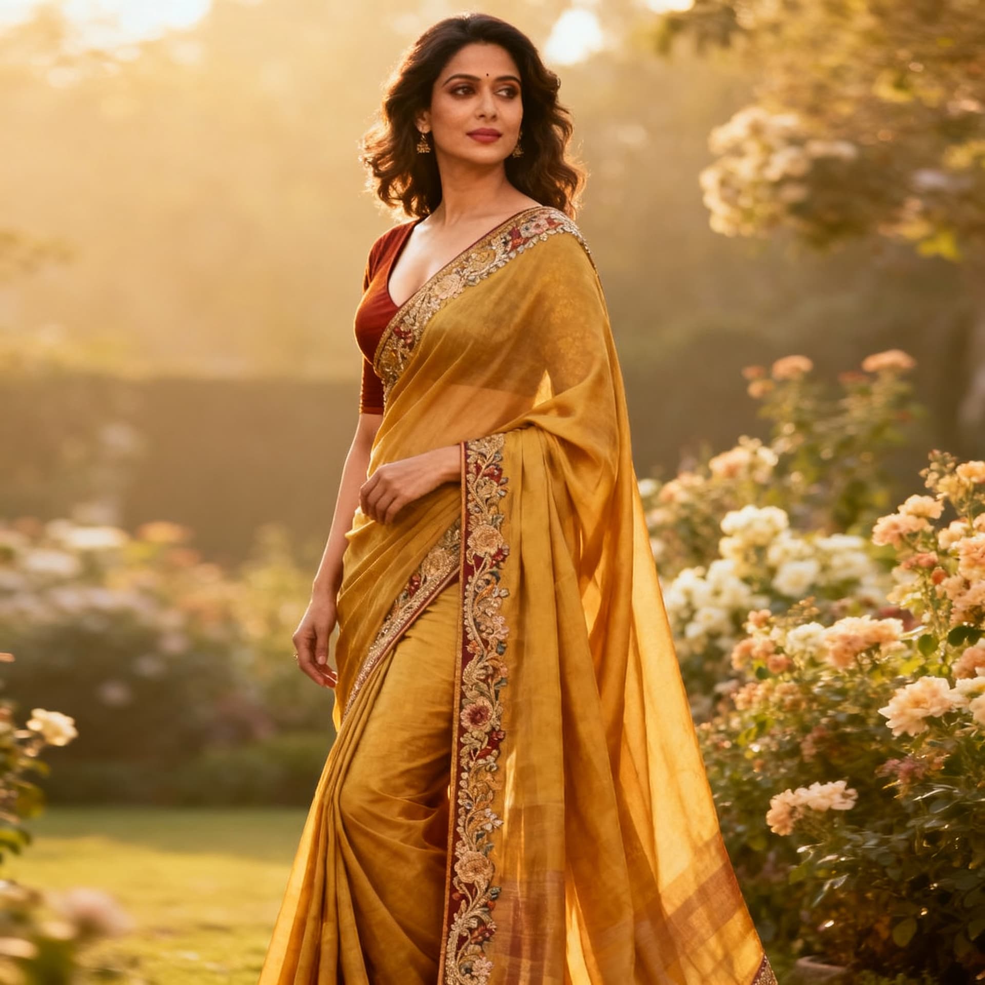 AI generated: Prompt a women 37 yrs with deep neck low waist saree