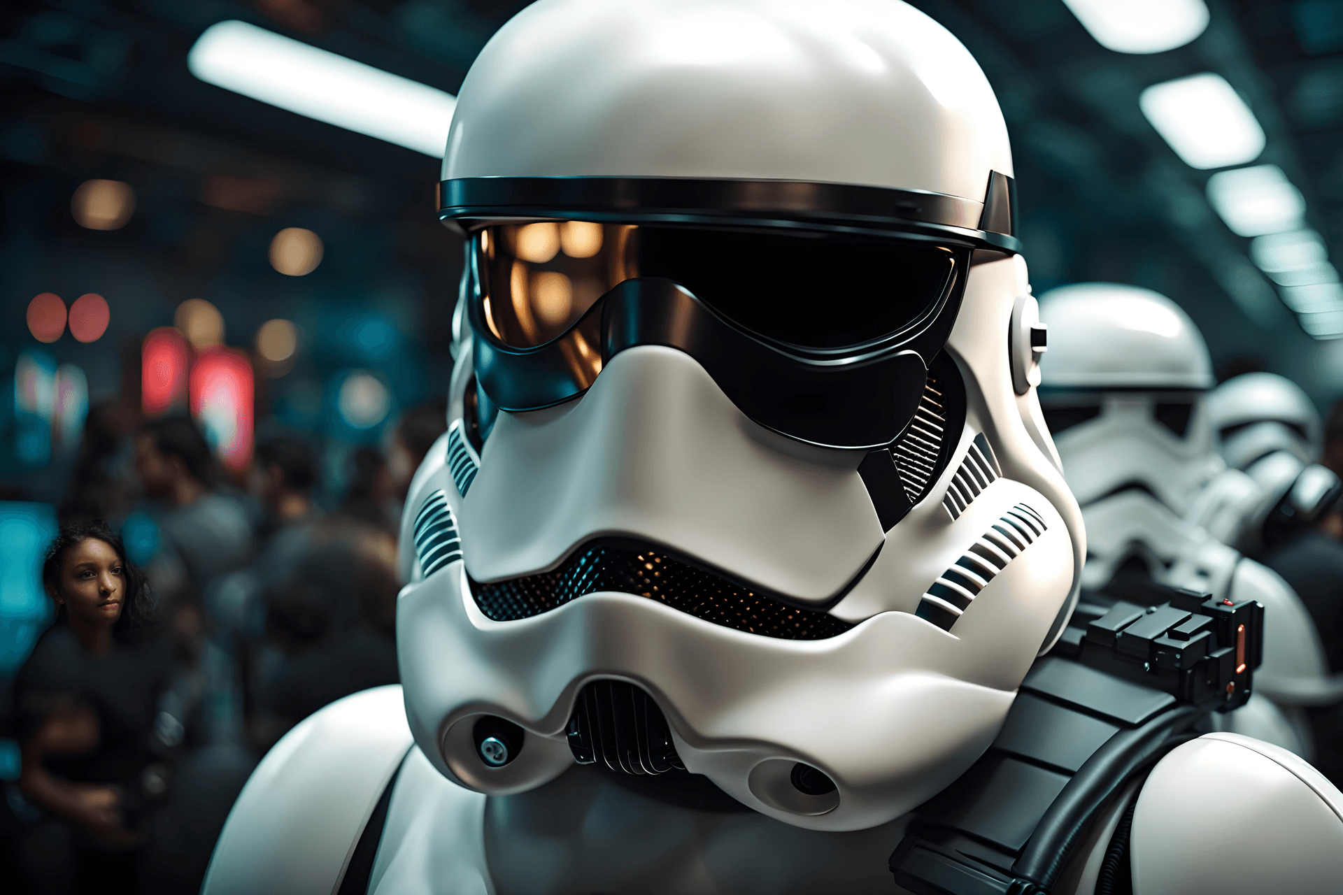 AI generated: Flat illustration, 3d, close up, an iconic Storm trooper from Star wars movie is patrolling, ((half-...