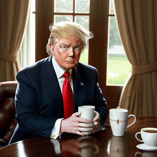 AI generated: Donald Trump sitting on a wooden chair at a breakfast table, holding a cup of coffee