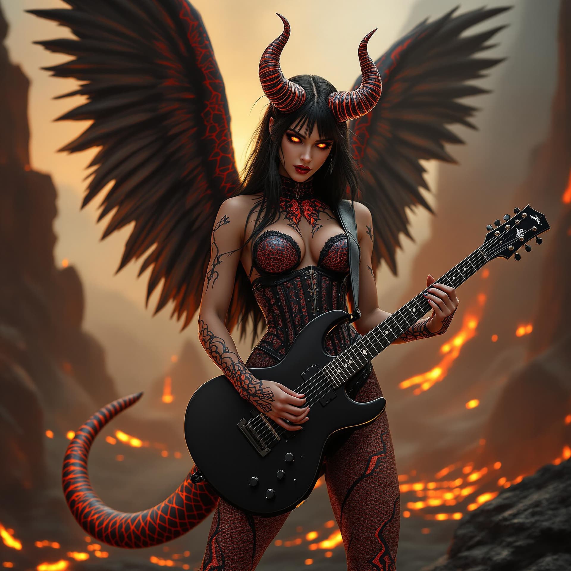 AI generated: CoverPhoto for a music magazine, A strong and athletic female angel with rippling muscles, holding a...