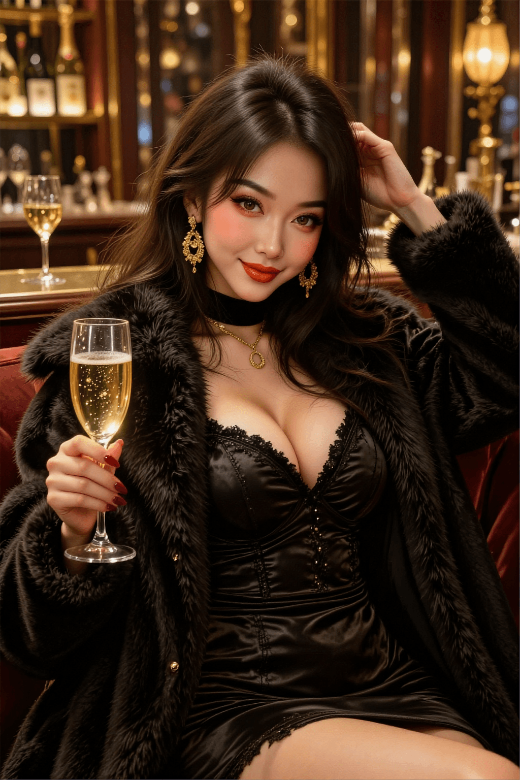 AI generated: A highly detailed, stylized digital illustration of a glamorous East Asian woman with a "femme fatal...