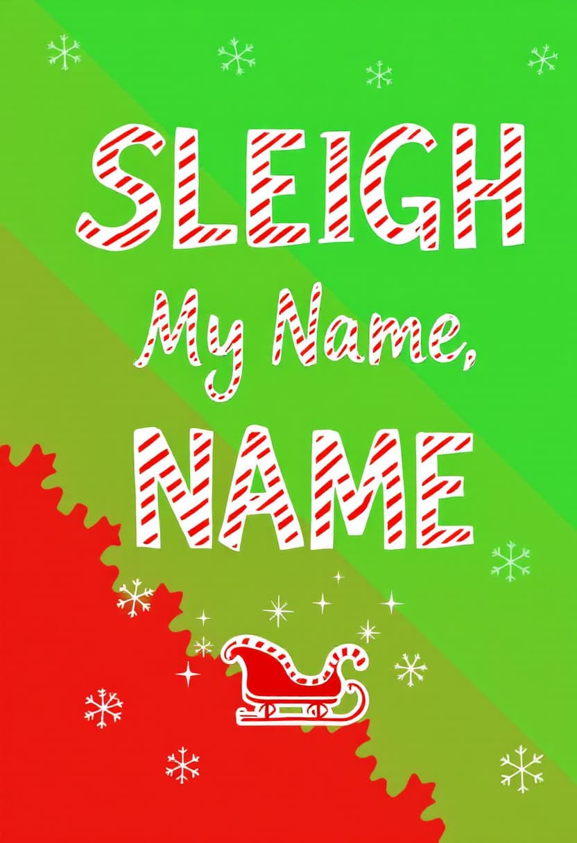 AI generated: "Sleigh My Name, Sleigh My Name"
Font: Bold sans-serif with candy cane stripes.
Graphic: A tiny slei...
