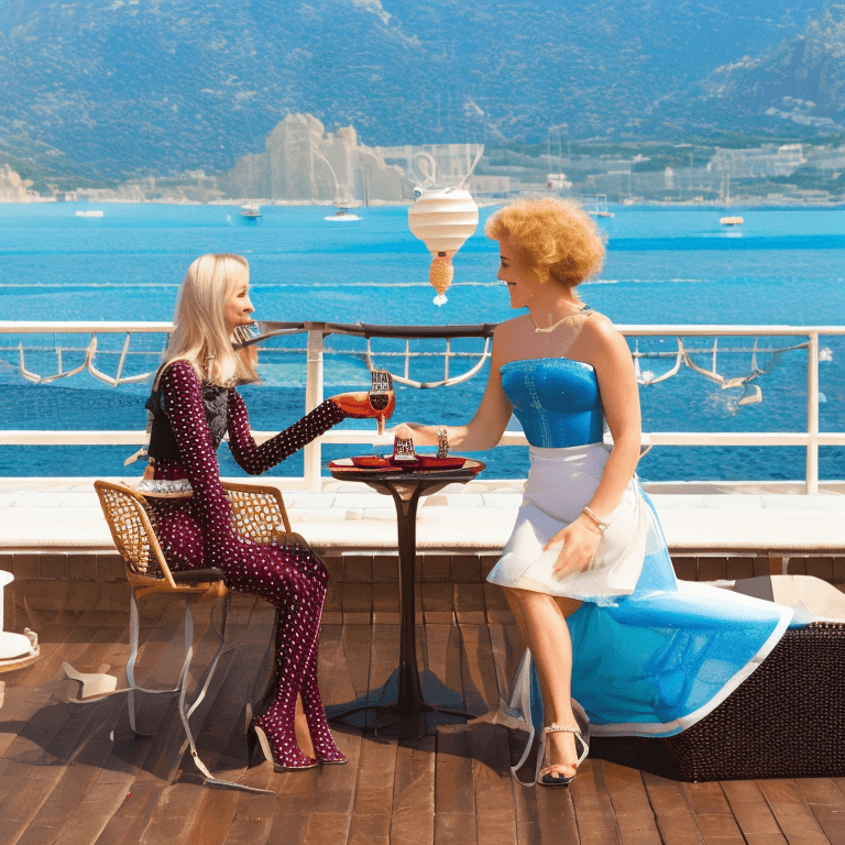 AI generated: a cute  blonde woman is wearing a fishnet party dress. She is drinking wine with a handsome female r...