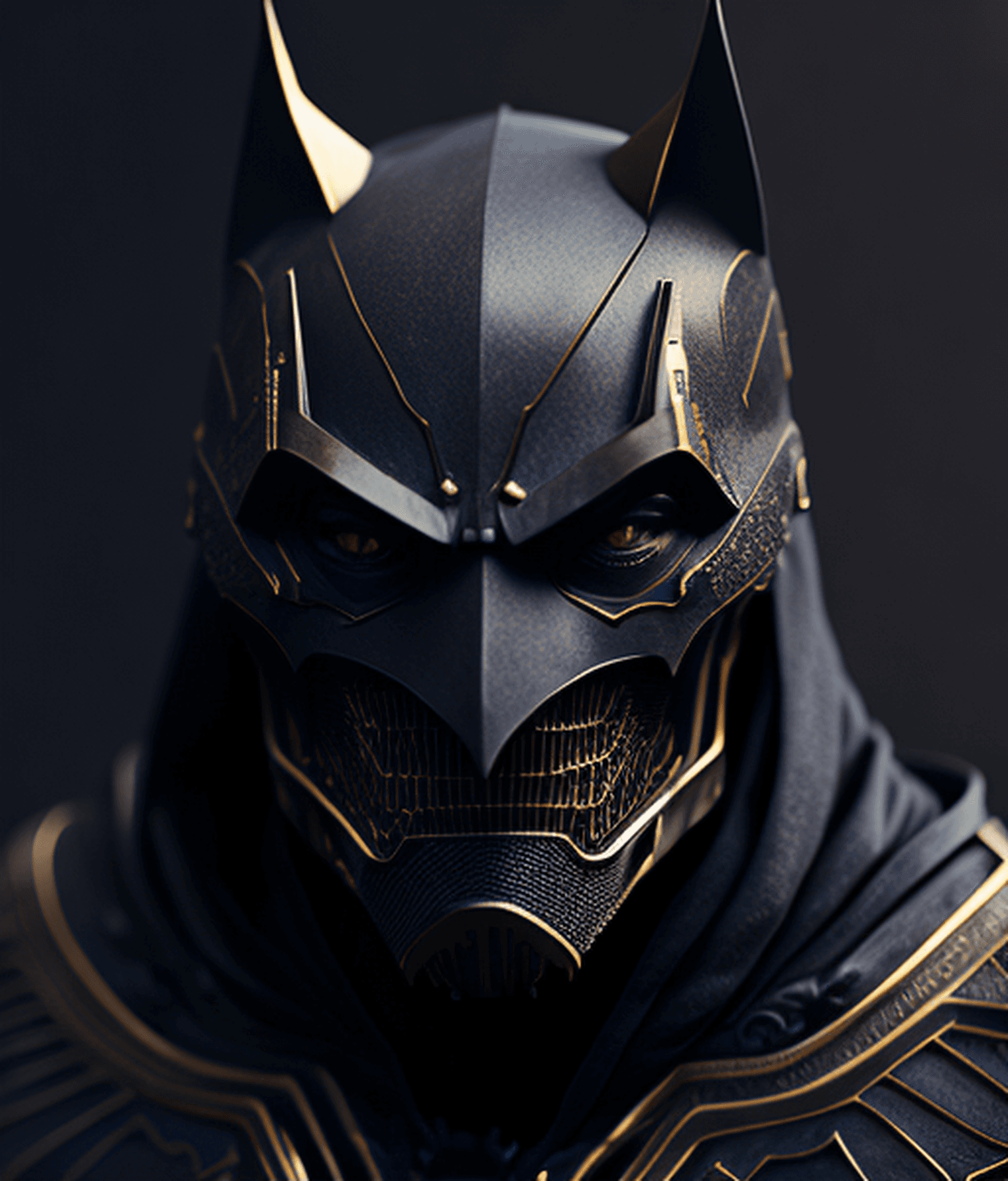 AI generated: octane render of cyberpunk batman by Tsutomu nihei, looking at the camera, (chrome silk with intrica...