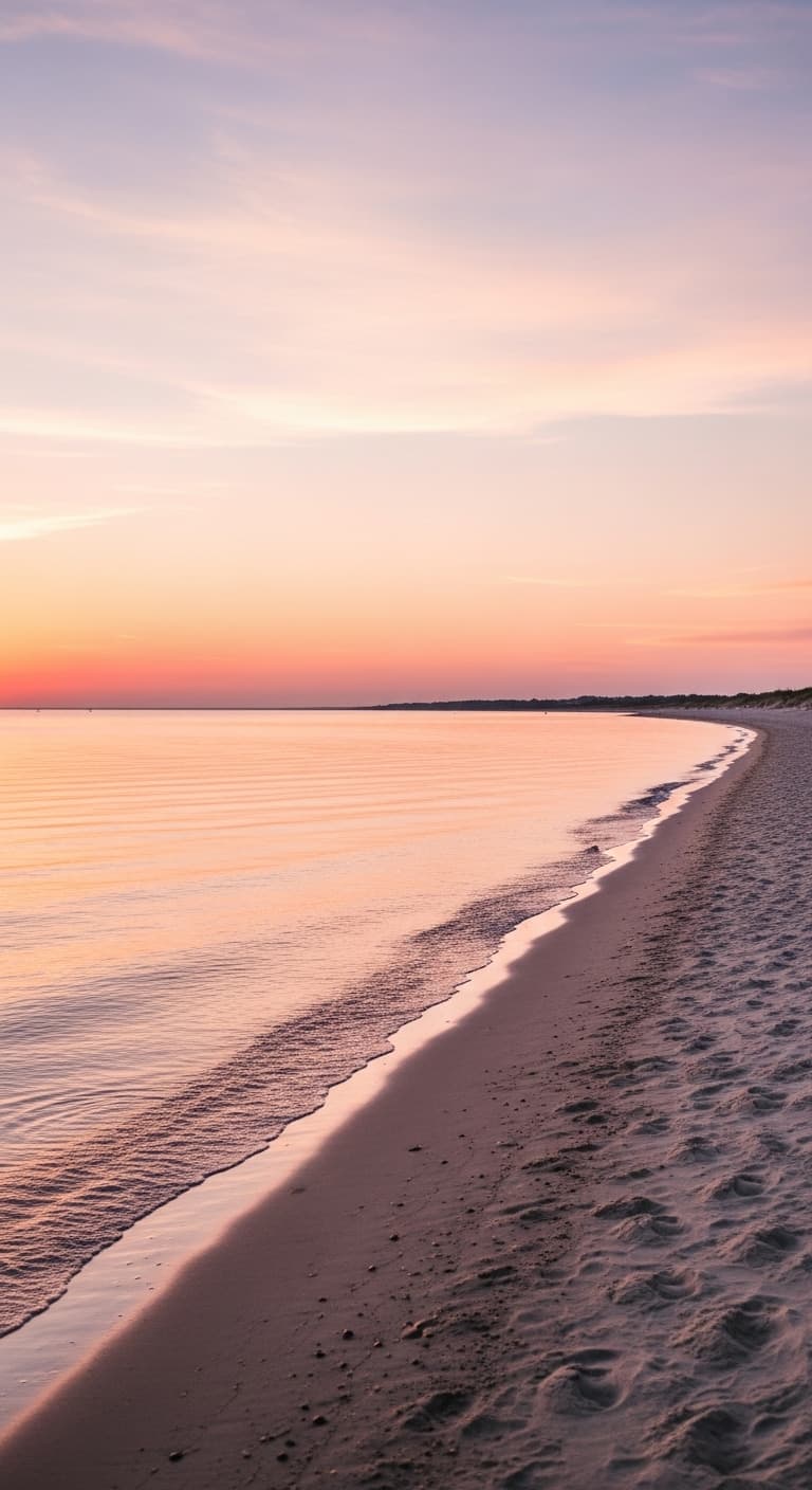 AI generated: Un mar atardecer, con una playa de arena fina extendiéndose a lo largo de la orilla. . El cielo refl...