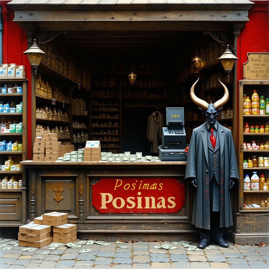 AI generated: posimas sales stand,attended by the devil,small horns,elegant european clothing,cash register,no peo...