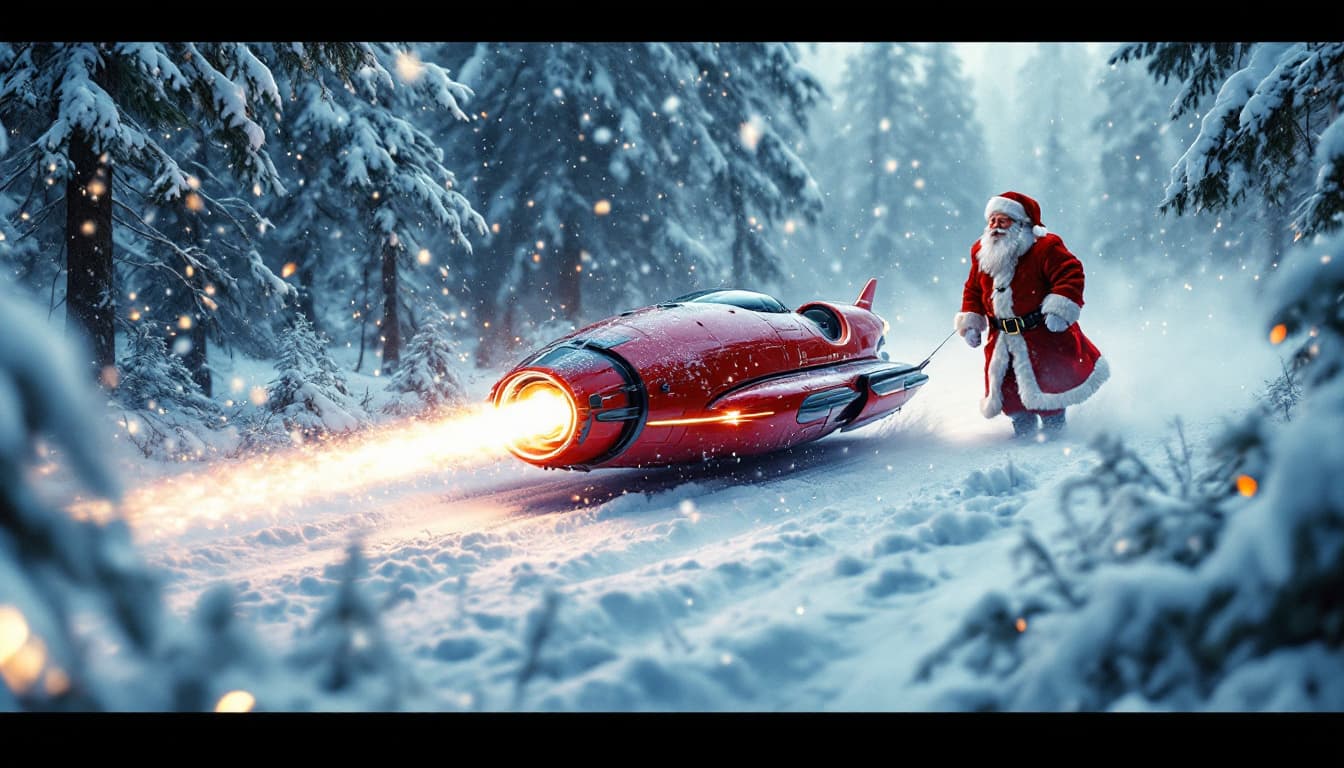 AI generated: Cinematic scene. Winter forest covered with snow with a Christmas lighted landing strip. A painted r...