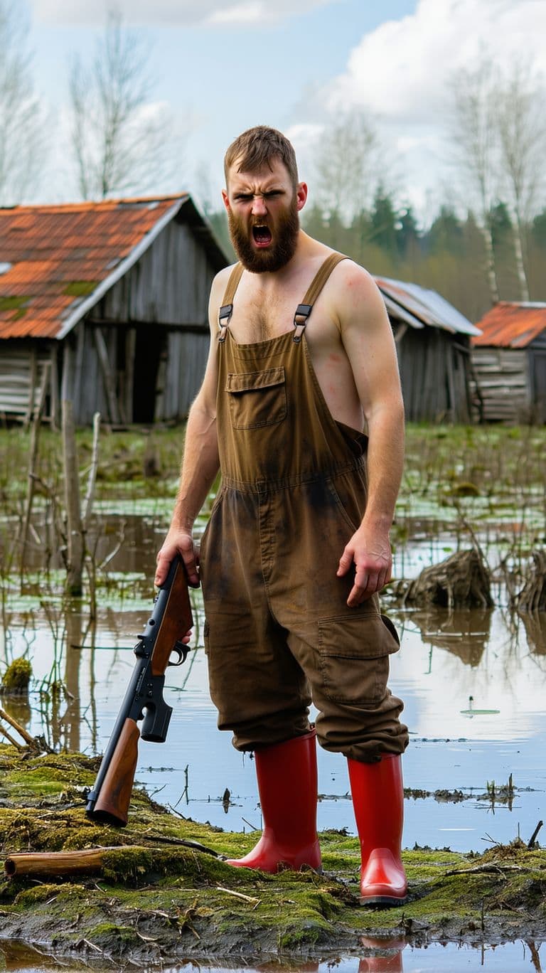 AI generated: UNSHAVED MAN, thin and emaciated, angry look, in brown work clothes, in red rubber boots, holds a hu...