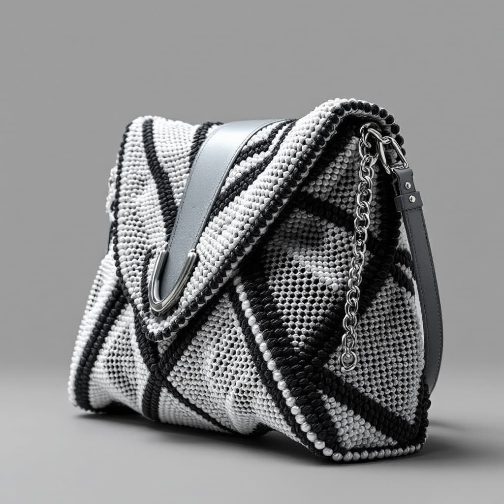 AI generated: "A modern and chic crochet handbag designed with futuristic elements, blending traditional crochet t...