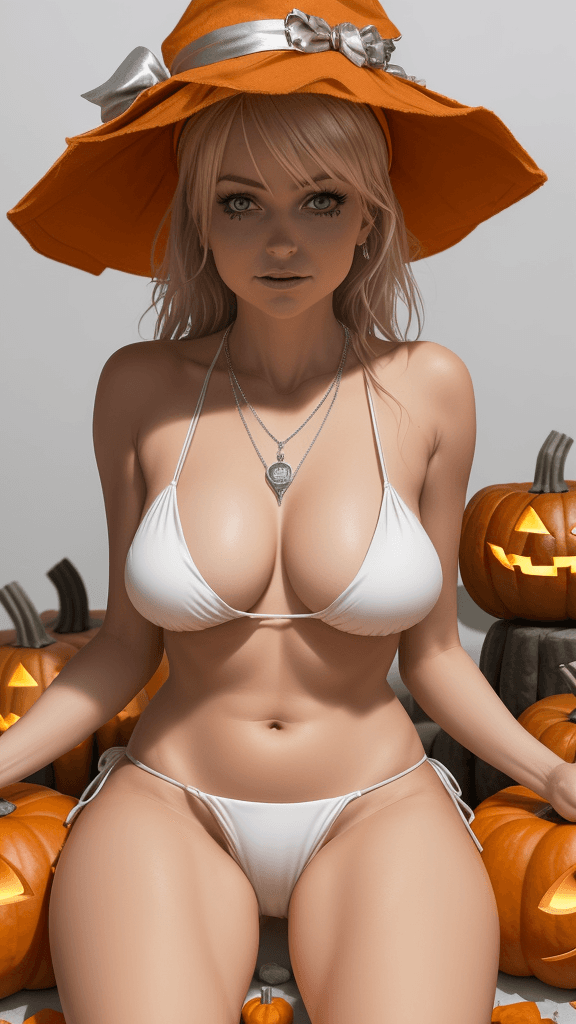 AI generated: a woman dressed in a Halloween costume, adorned with an orange hat, is seated on a white platform su...