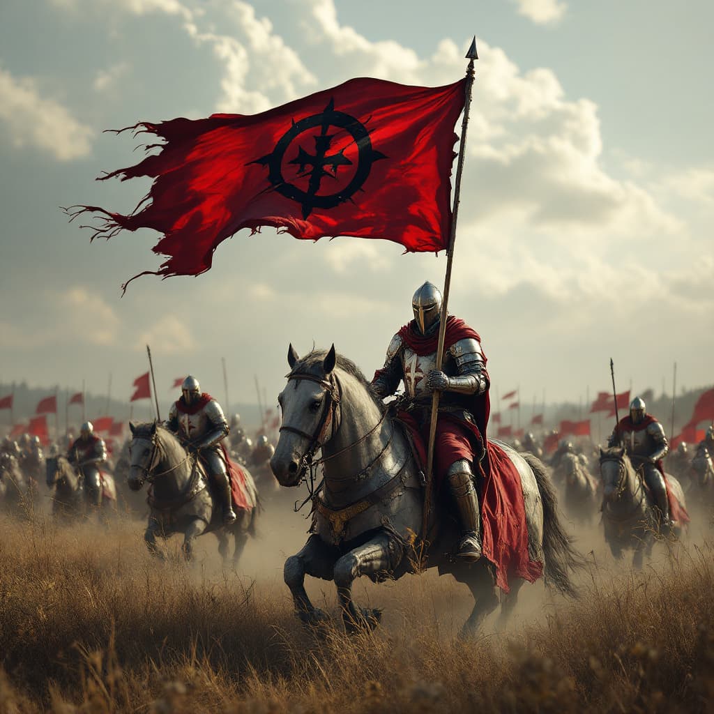 AI generated: Knights Templar riding hard into battle, templar flag, 1150s, medieval, Christian, Illuminati, unrea...