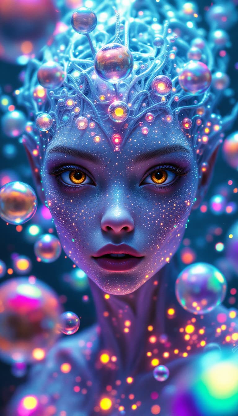 AI generated: Surreal 4k painting of an alien princess with expressive brown eyes and cosmic features. Her skin ap...