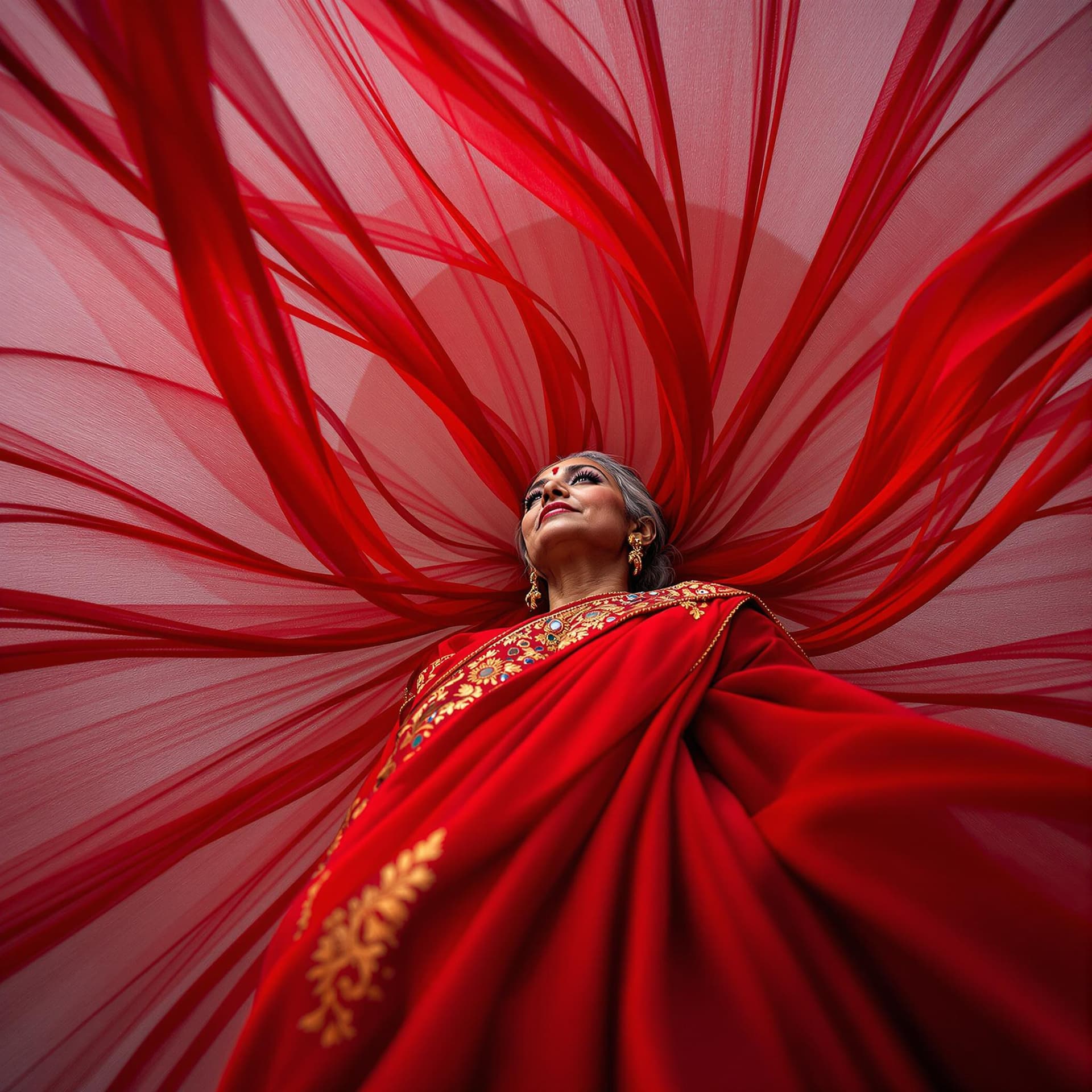 AI generated: Fashion photograph in the style of “bug’s-eye view” of a beautiful 45yo old Indian women wearing flo...