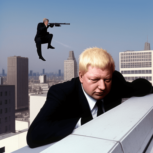 AI generated: Boris Yeltsin lying on the rooftop shoots with a sniper rifle