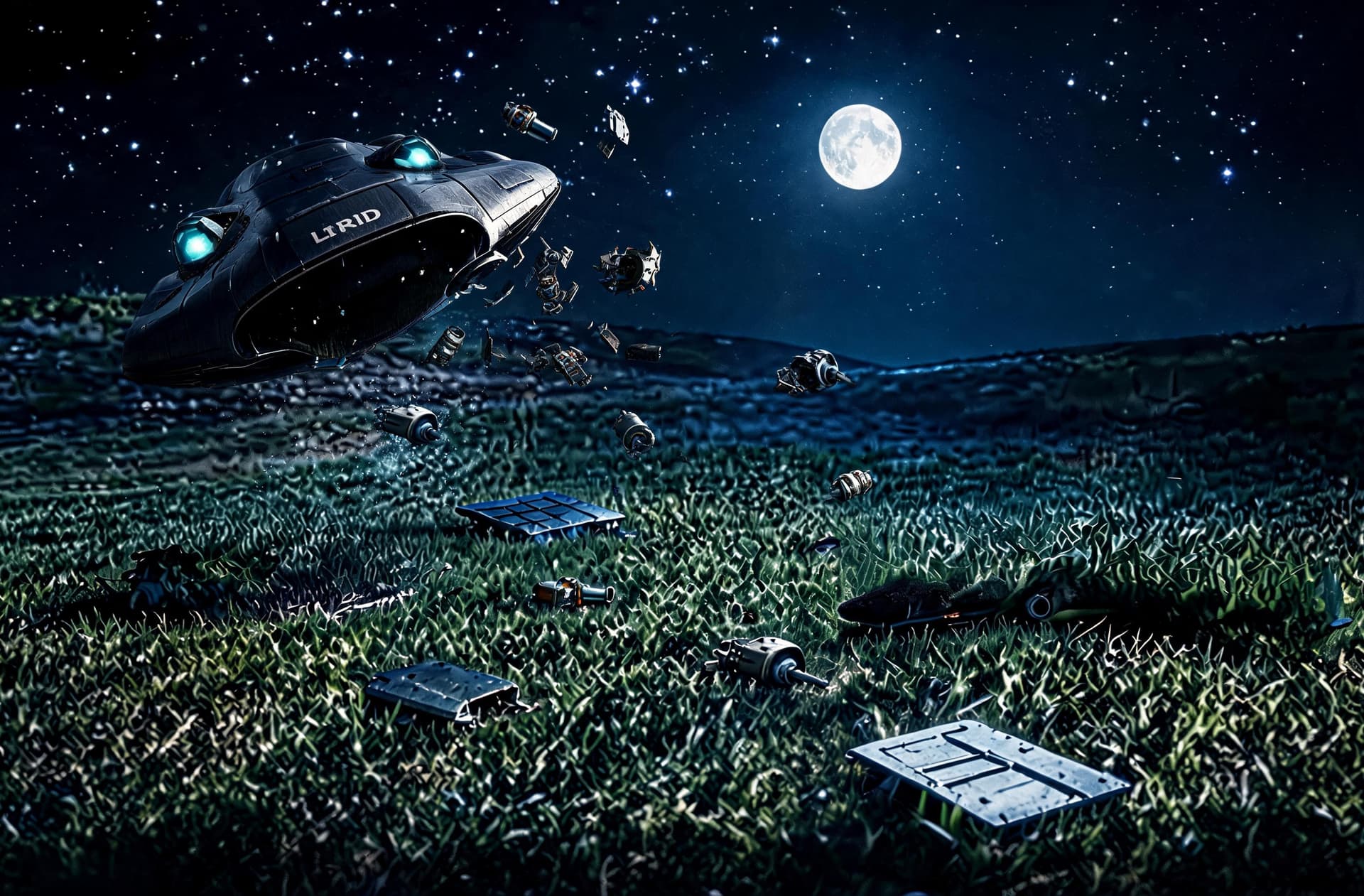 AI generated: Turn off the craft's bottom lights and tilt it to the left. The craft is crashing over the hill. Sho...