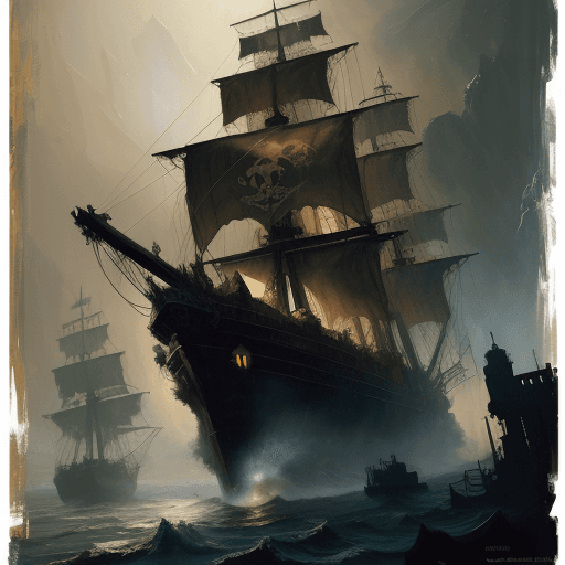 AI generated: oil painting with a heavy impasto of a pirate ship and its captain, cosmic horror painting, elegant ...