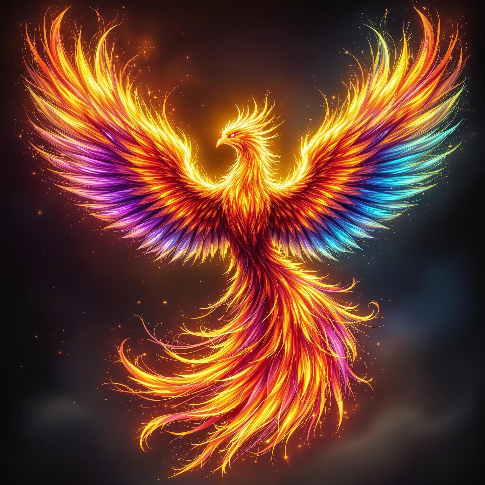 AI generated: Mythical Phoenix BIRD rising from the ashes. Flying with wings spread. Stunning, detailed face of Ph...