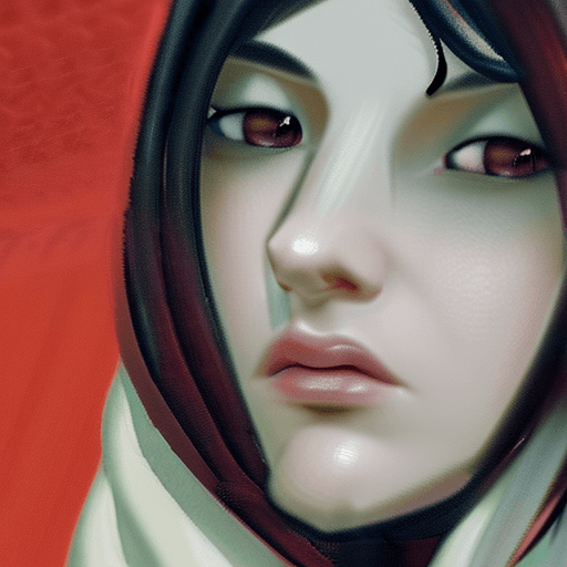 AI generated: Beautiful character, portrait, black eyes, hooked nose, long hair, black hair, parted hair, white sk...