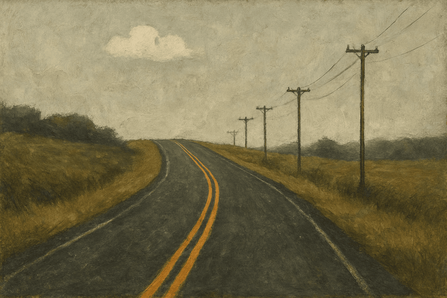 AI generated: A painterly landscape of a winding asphalt road with double yellow lines disappearing over a hill un...