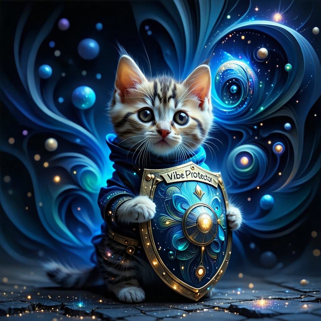 AI generated: Create a funny, fractal-based artwork featuring a photorealistic ScottishFold kitten as the guardian...