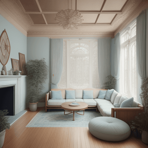 AI generated: High resolution photography interior design, dreamy sunken living room conversation pit, wooden floo...