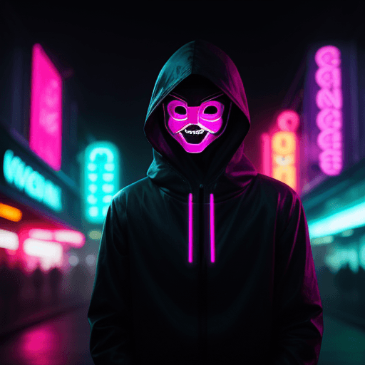 AI generated: Mysterious person, anonymous mask fuchsia glowing eyes and smile, foggy , background a large cyan fa...