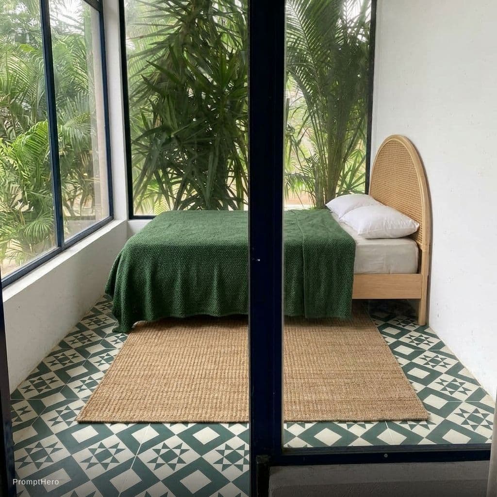 AI generated: add this bed to the room. with the headboard on the right hand side against the white wall at the en...