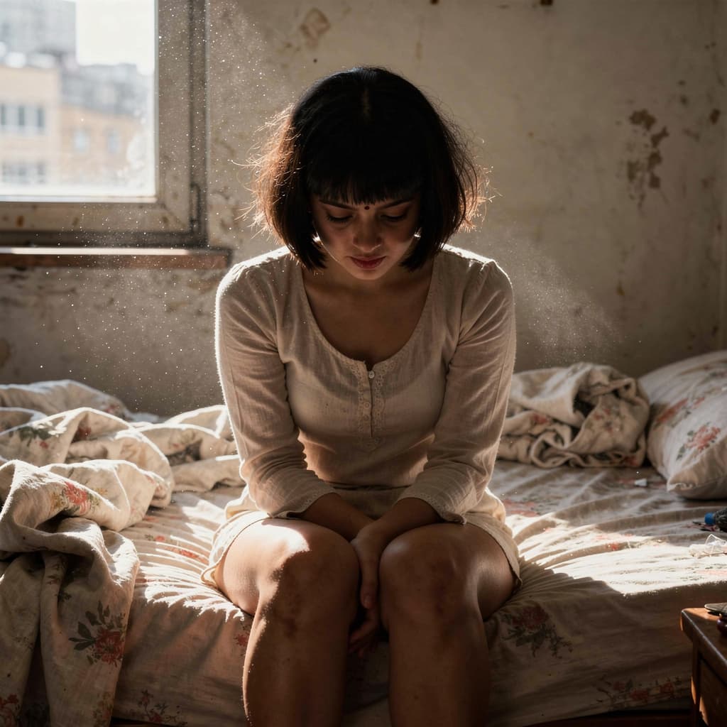 AI generated: An observational documentary image of a young female seated on an unmade bed at noon, knees drawn to...