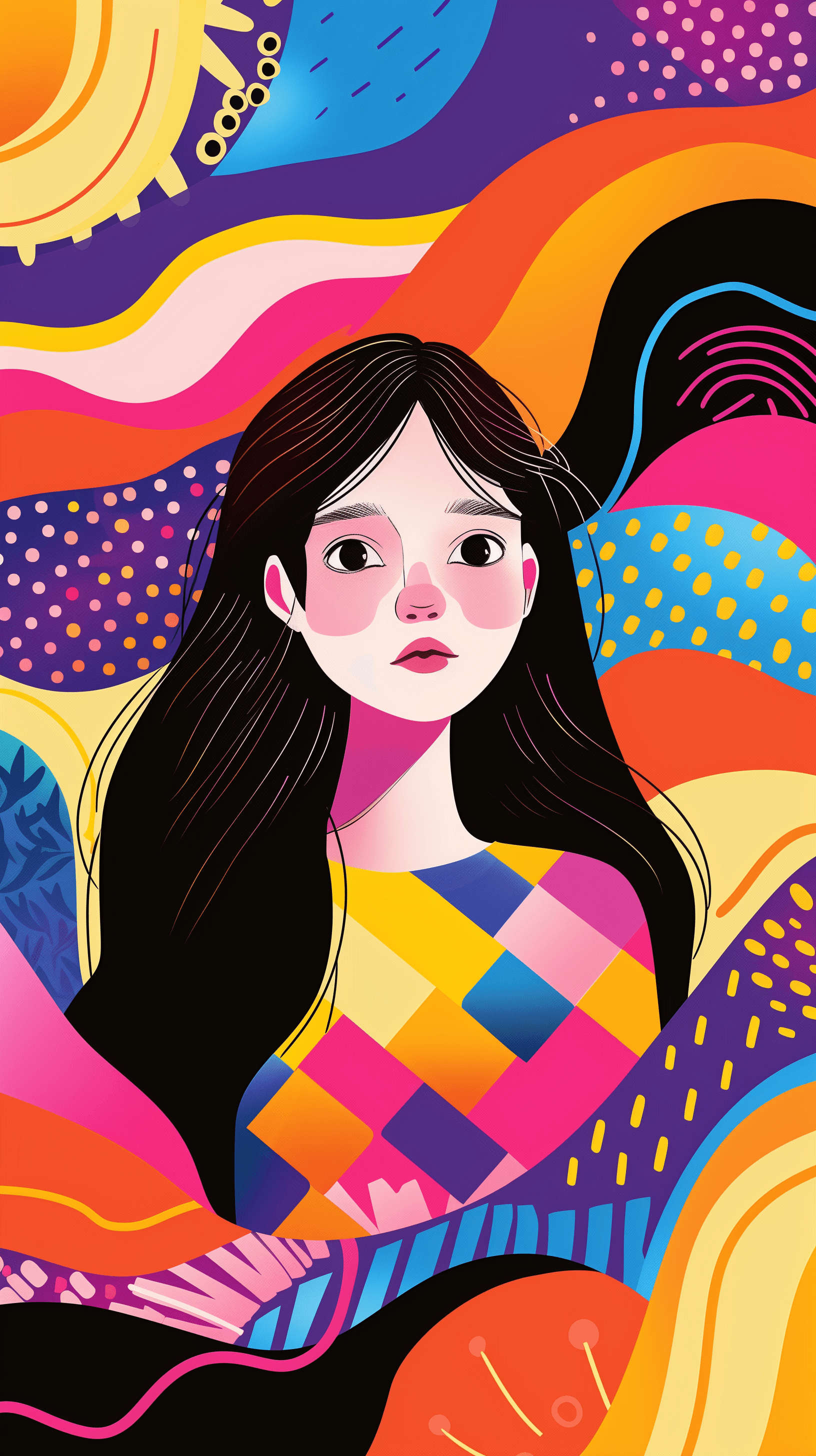 AI generated: illustration, artistic art, upper-body, cute girl, front, gaze, simplify, consisting of randomly vib...