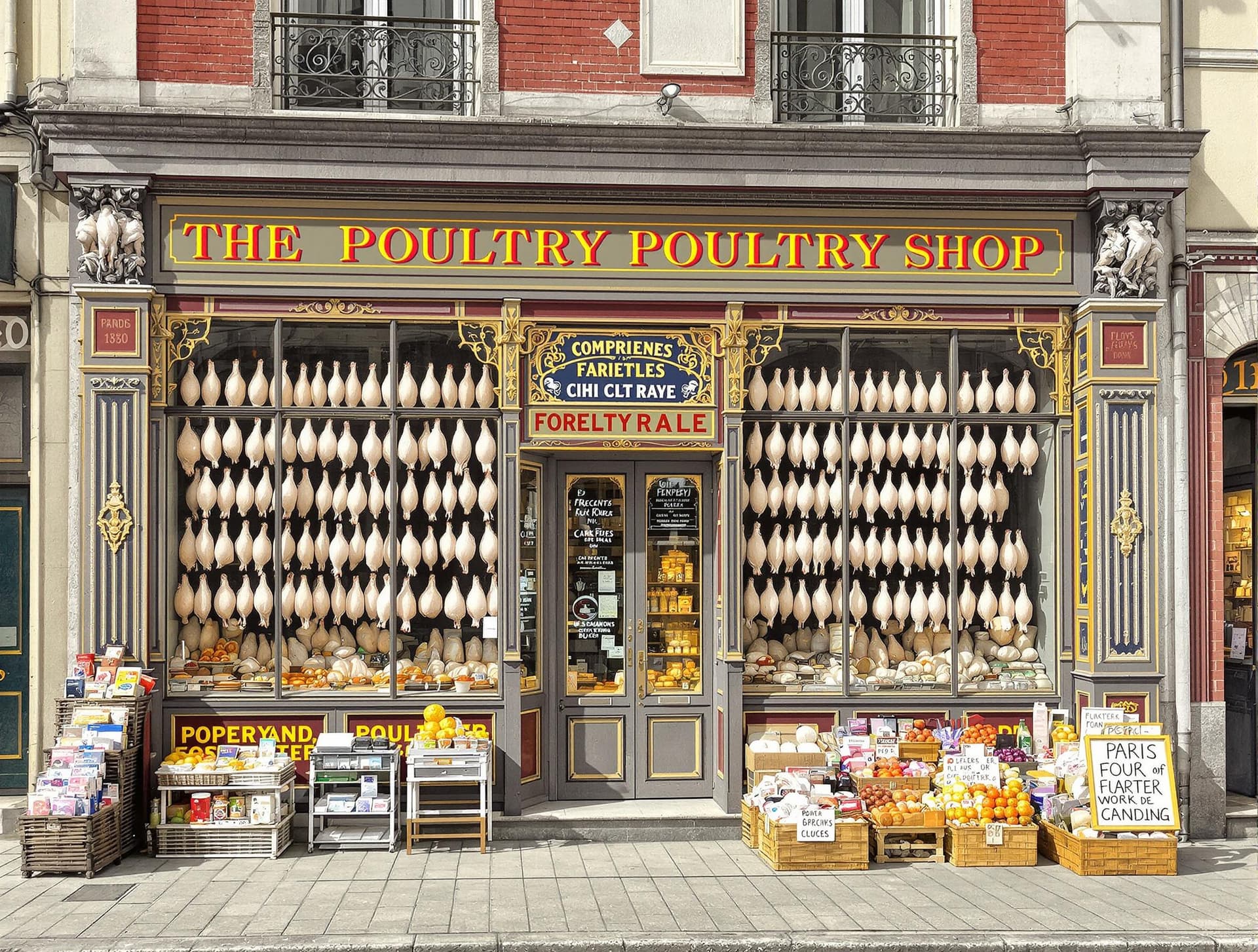 AI generated: Paris 1880, hyperrealistic illustration in vibrant colours, a facade of a poultry shop displays rows...