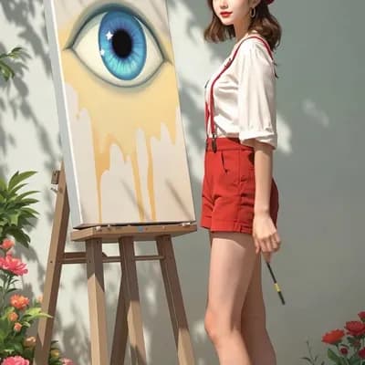 AI generated video: The blue eye blinks twice and then looks down. The painter turns toward the camera barefoot and wave...