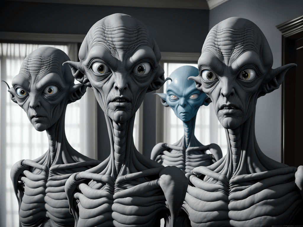 AI generated: High resolution photography character design, seven-foot tall grey alien, with large black eyes with...