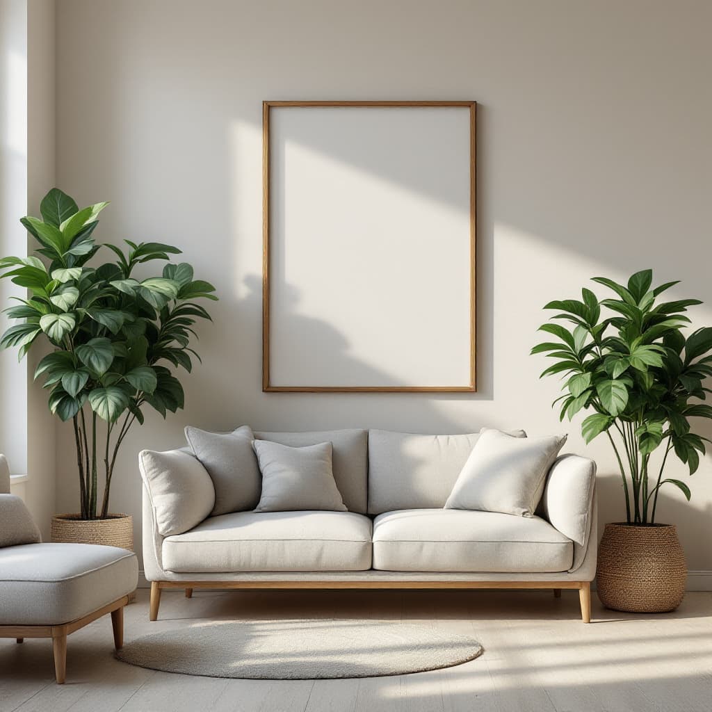 AI generated: A realistic, minimalistic living room with modern furniture in neutral tones, complemented by lush, ...
