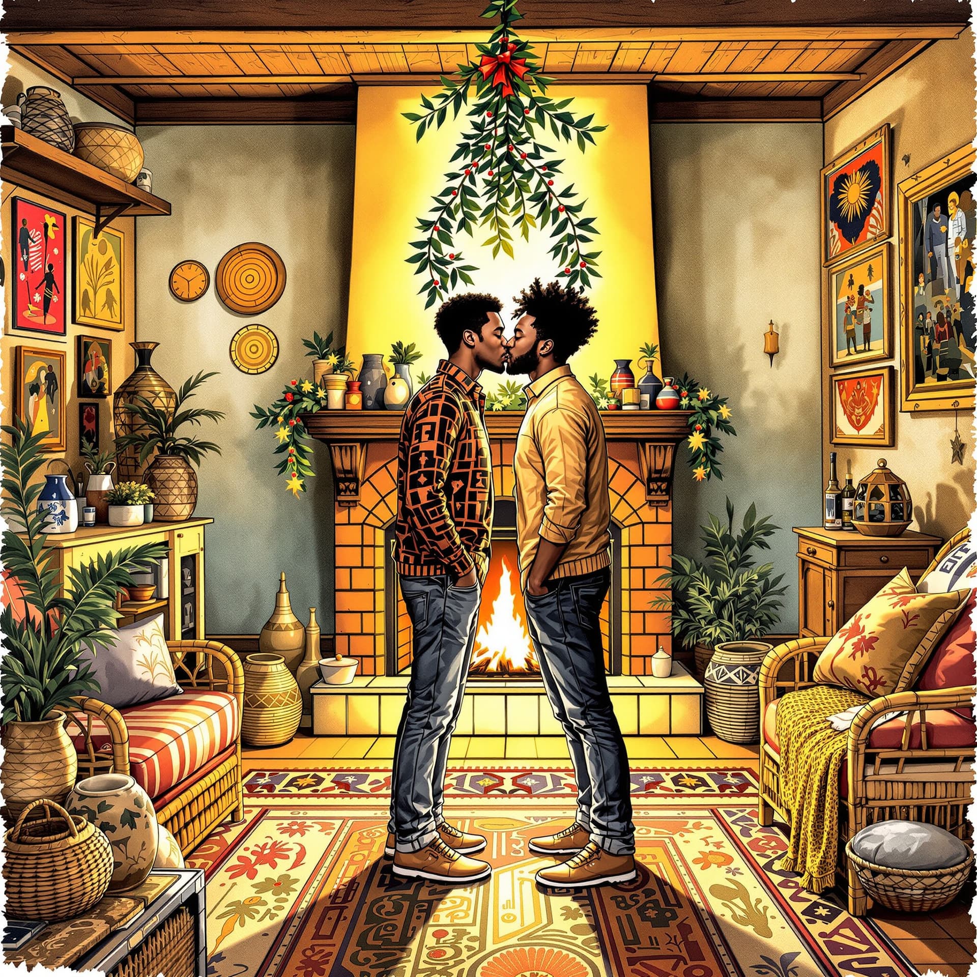 AI generated: A highly detailed ink painting of a warm, inviting Afrocentric living room, featuring vibrant patter...