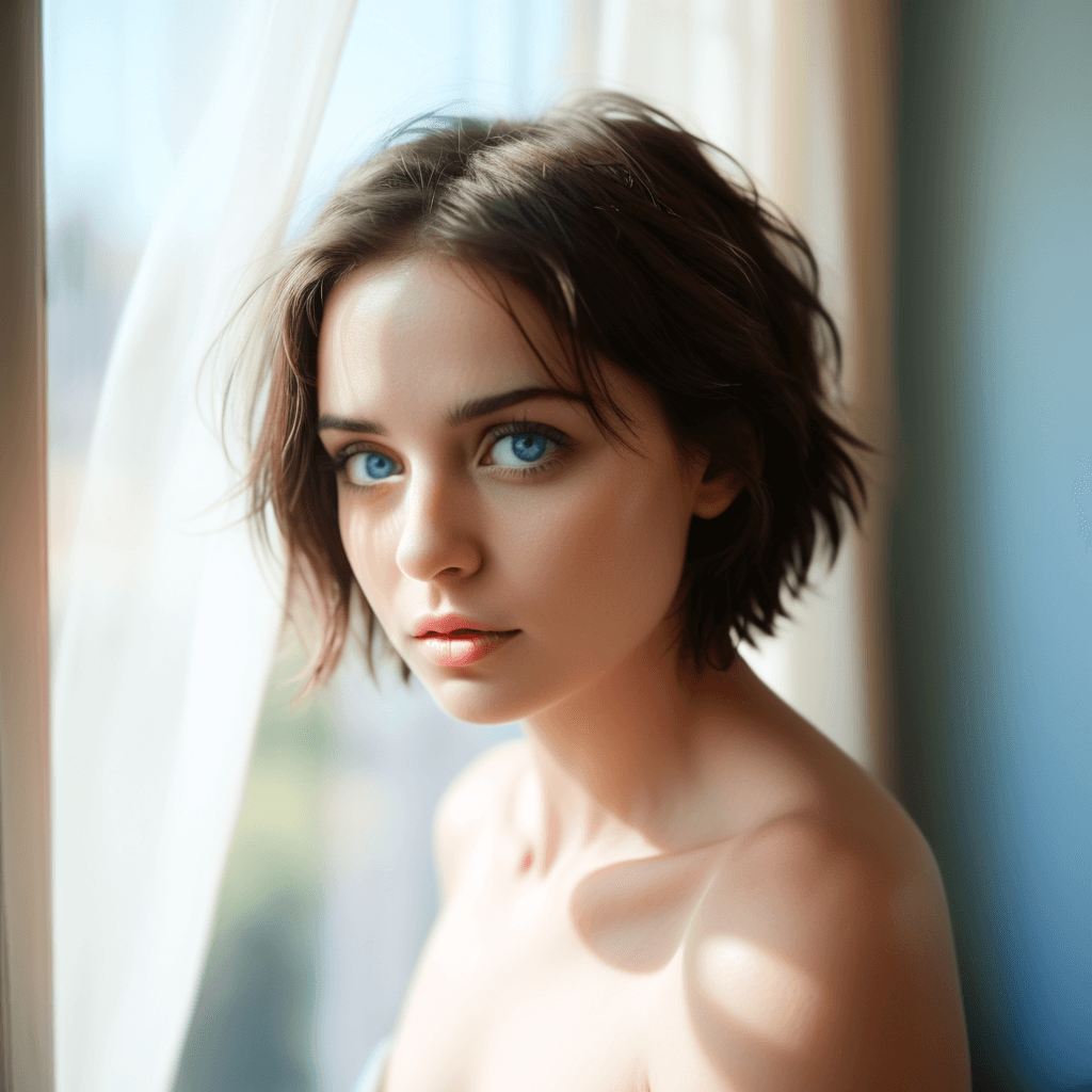 AI generated: A woman stands with her head turned slightly to one side, her bare shoulders and short brunette hair...