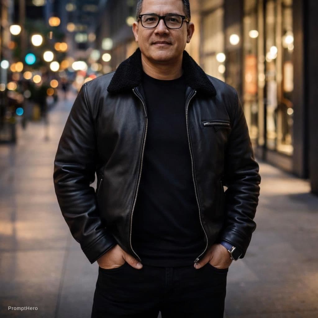 AI generated: Un hombre de la imagen respetando sus rasgos y lentes, posando en un entorno urbano moderno y elegan...