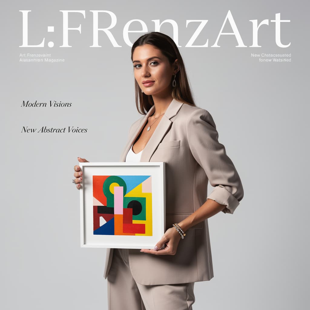 AI generated: a nice  girl poses for a photoshoot for a modern art magazine called L.FrenzArt, holding a small squ...