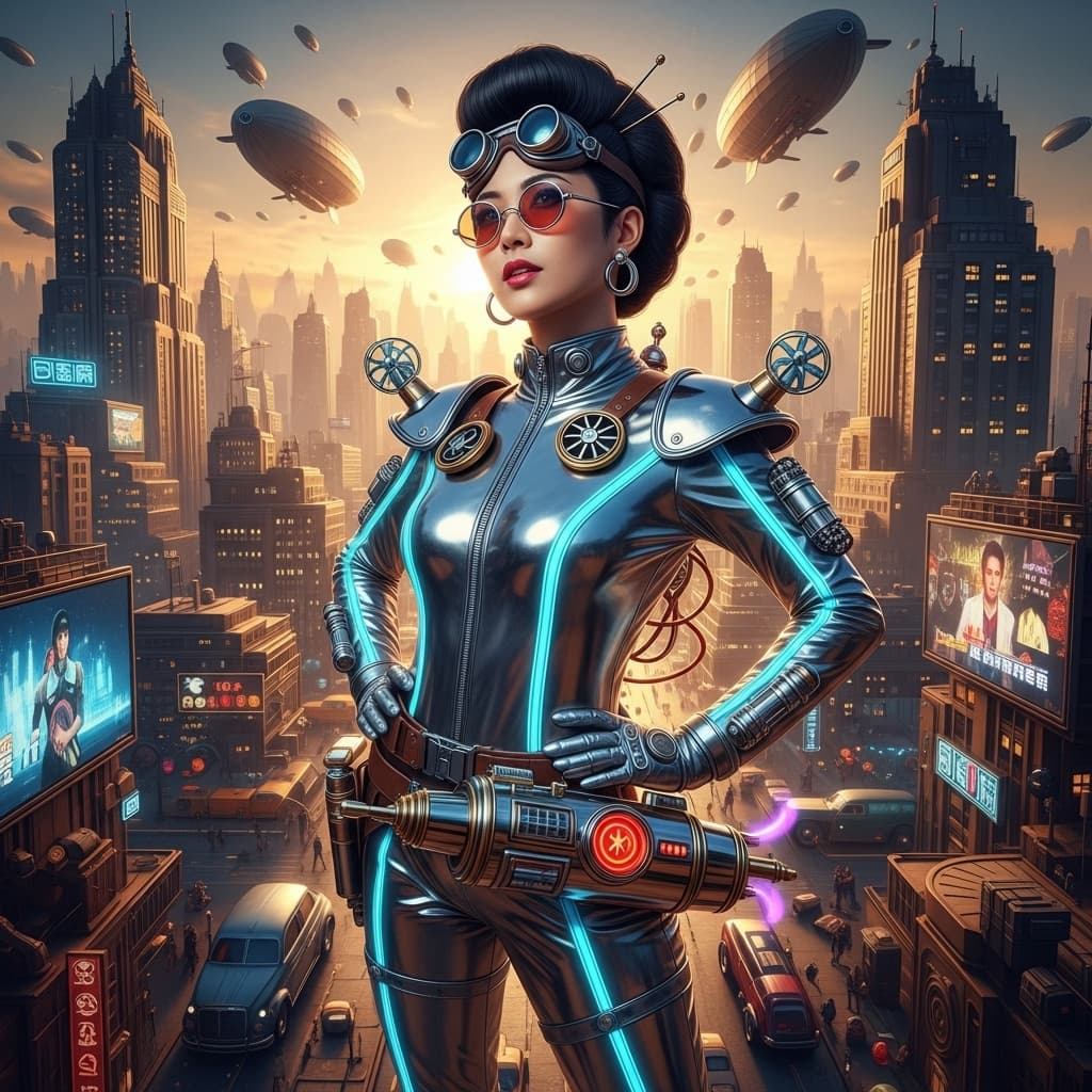 AI generated: A 30-year-old Japanese beauty.Atompunk,Whole body image, High Angle Shot, cinematic shot, Center the...
