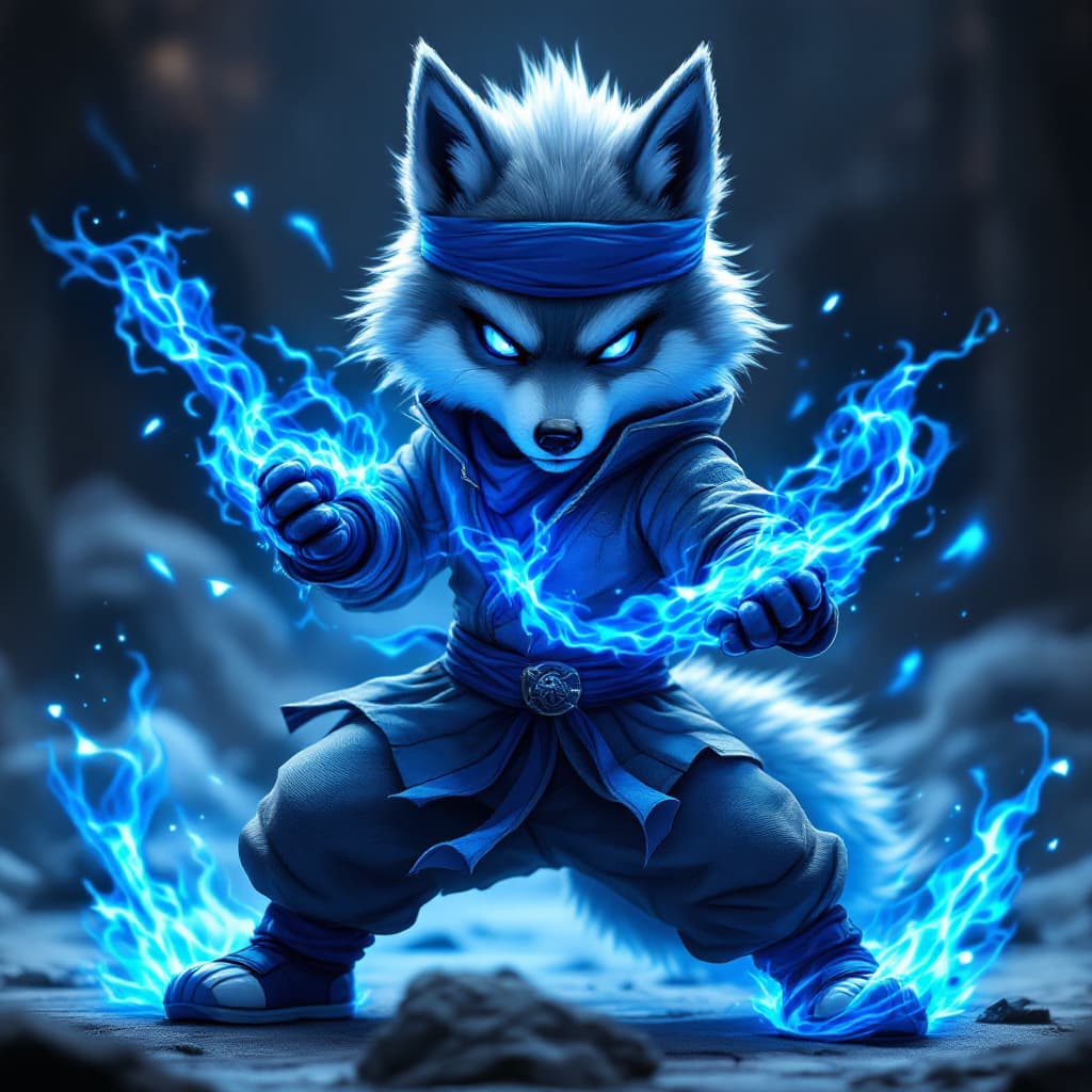 AI generated: an anthropomorphic cute wolf wearing [ninja outfit : Gray ninja jacket, gray ninja pants, blue scale...