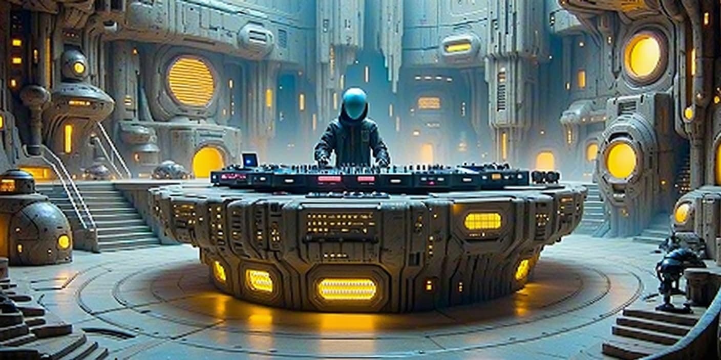 AI generated: Futuristic TAGG DJ command booth inside alien nightclub, massive elevated armored metallic platform ...