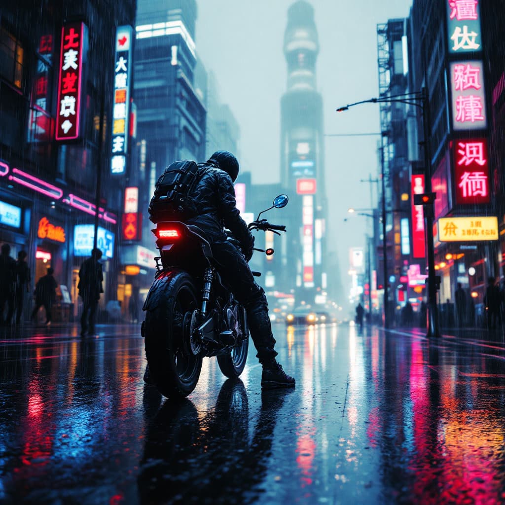 AI generated: kaneda poses at his bike in a Rainy cityscape with neon lights, cyberpunk, futuristic buildings, ref...