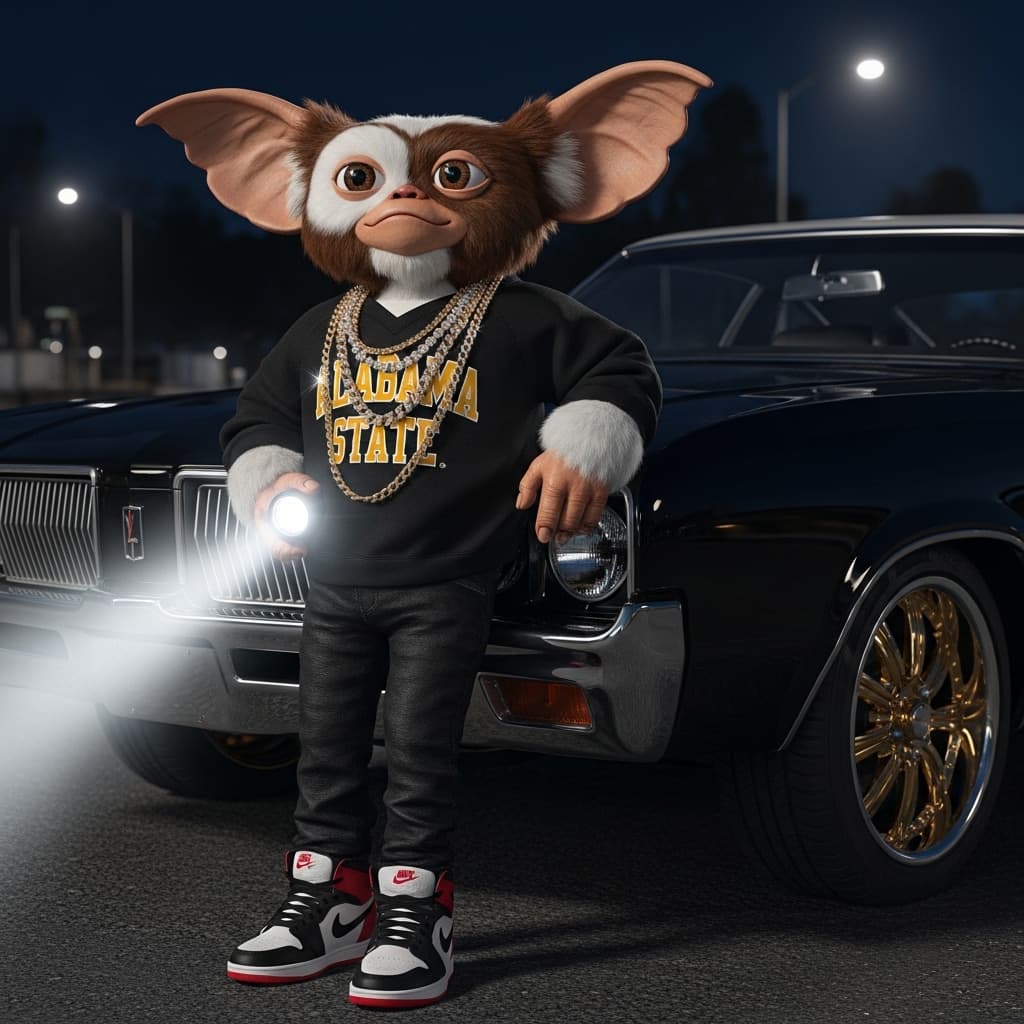 AI generated: Original Gizmo from Gremlins wearing black and gold Alabama State collegiate sweatshirt, black jeans...
