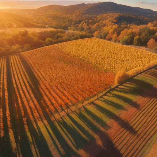 AI generated: Top-down image of vineyards in autumn with colorful leaves, captured by a DJI Mini 2 SE drone, sunse...