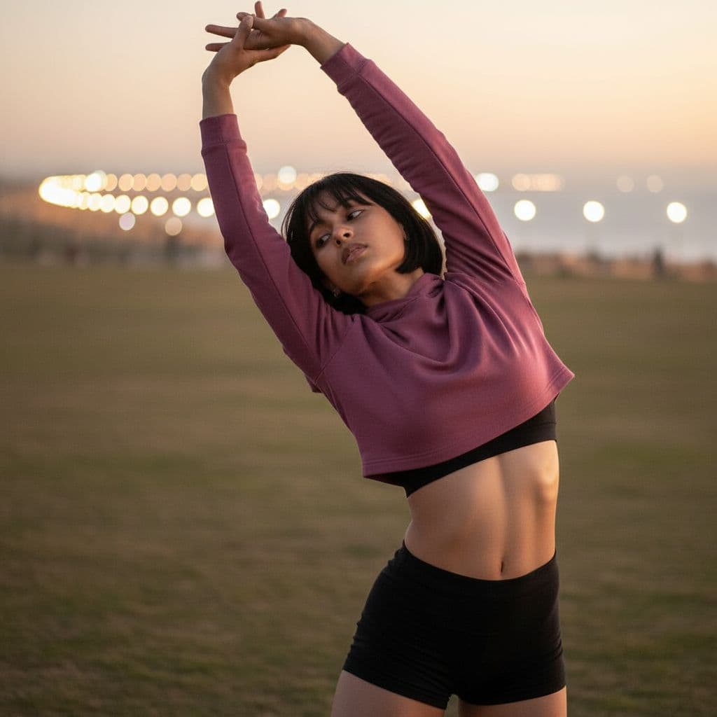 AI generated: photo of a 17year old Bugis-Pashtun female graceful dancer, Tight, sculpted obliques that frame a fl...
