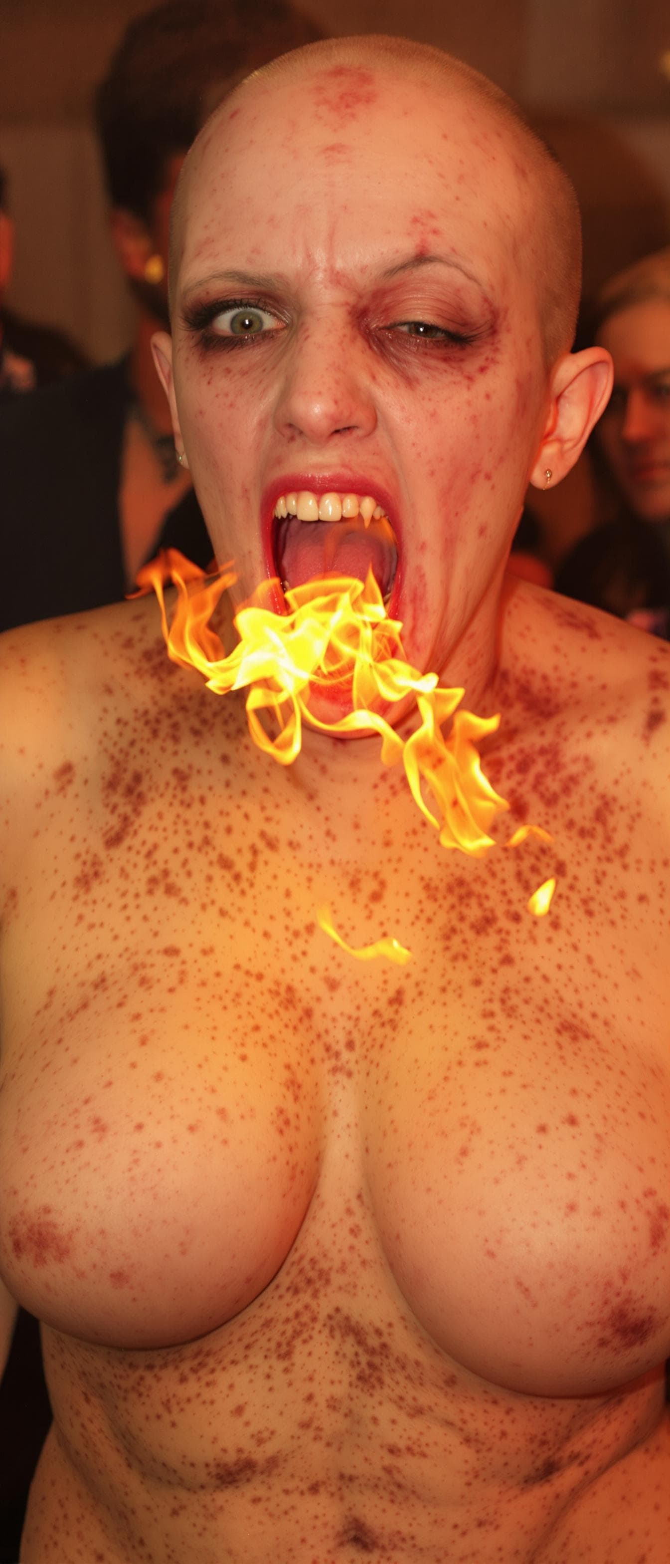 AI generated: An ugly face woman with ugly body  dancing in a party with fire from her mouth . She is Bald . She h...