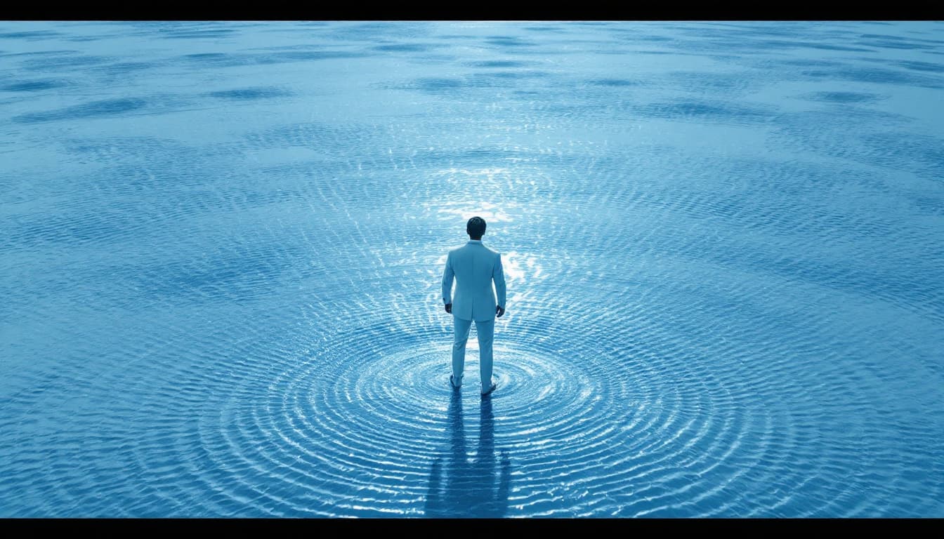 AI generated: Wide Shot (7s): On the blue sphere, he stands alone, white suit gleaming against rippled ground. Cam...