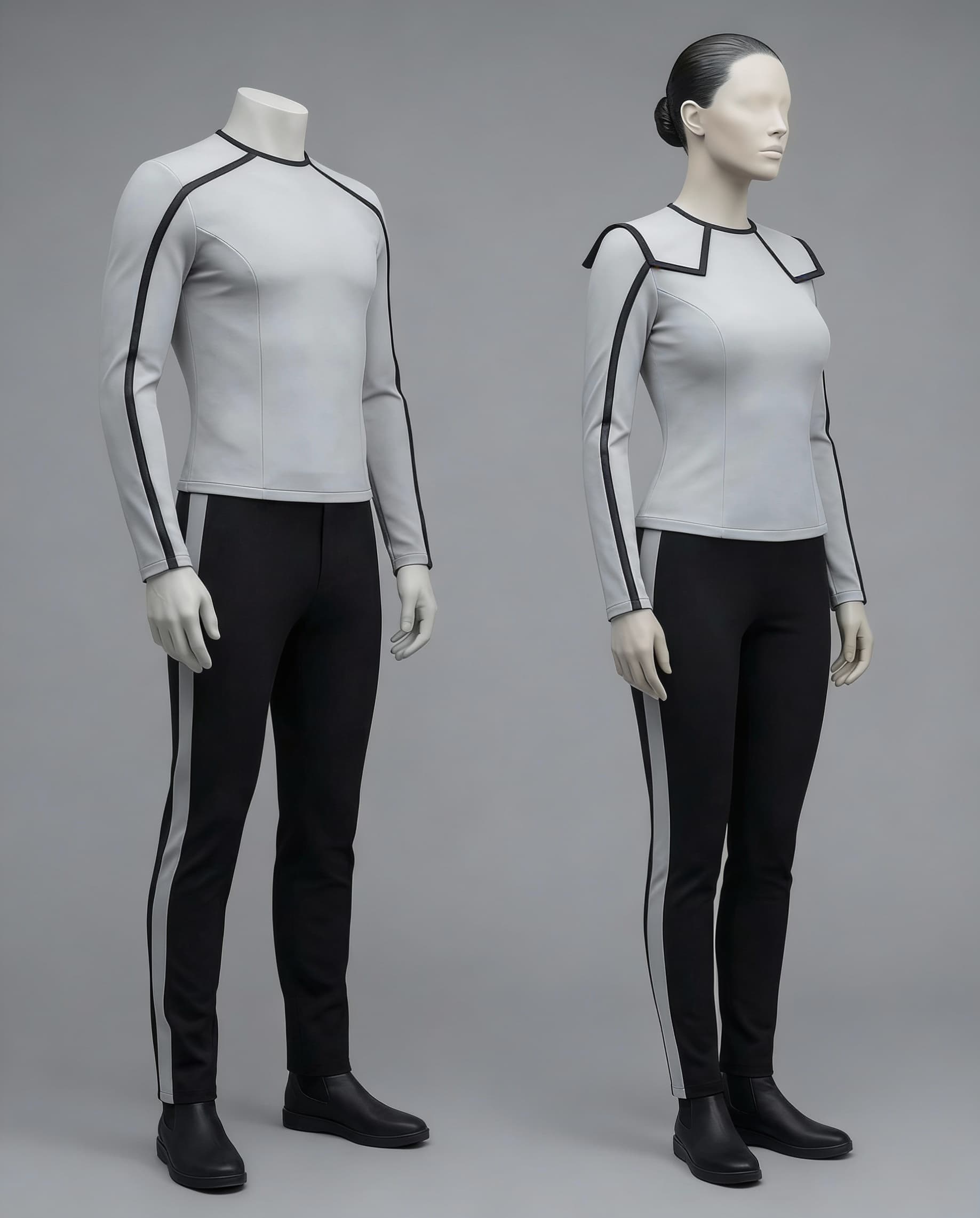 AI generated: Create a Sci-Fi uniform. Use the reference image and turn all red to Grey. The color of the uniform ...