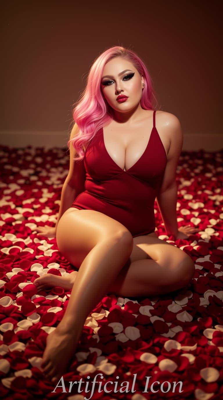 AI generated: Without changing facial features create a cinematic boudoir fashion photograph of me seated in a ros...