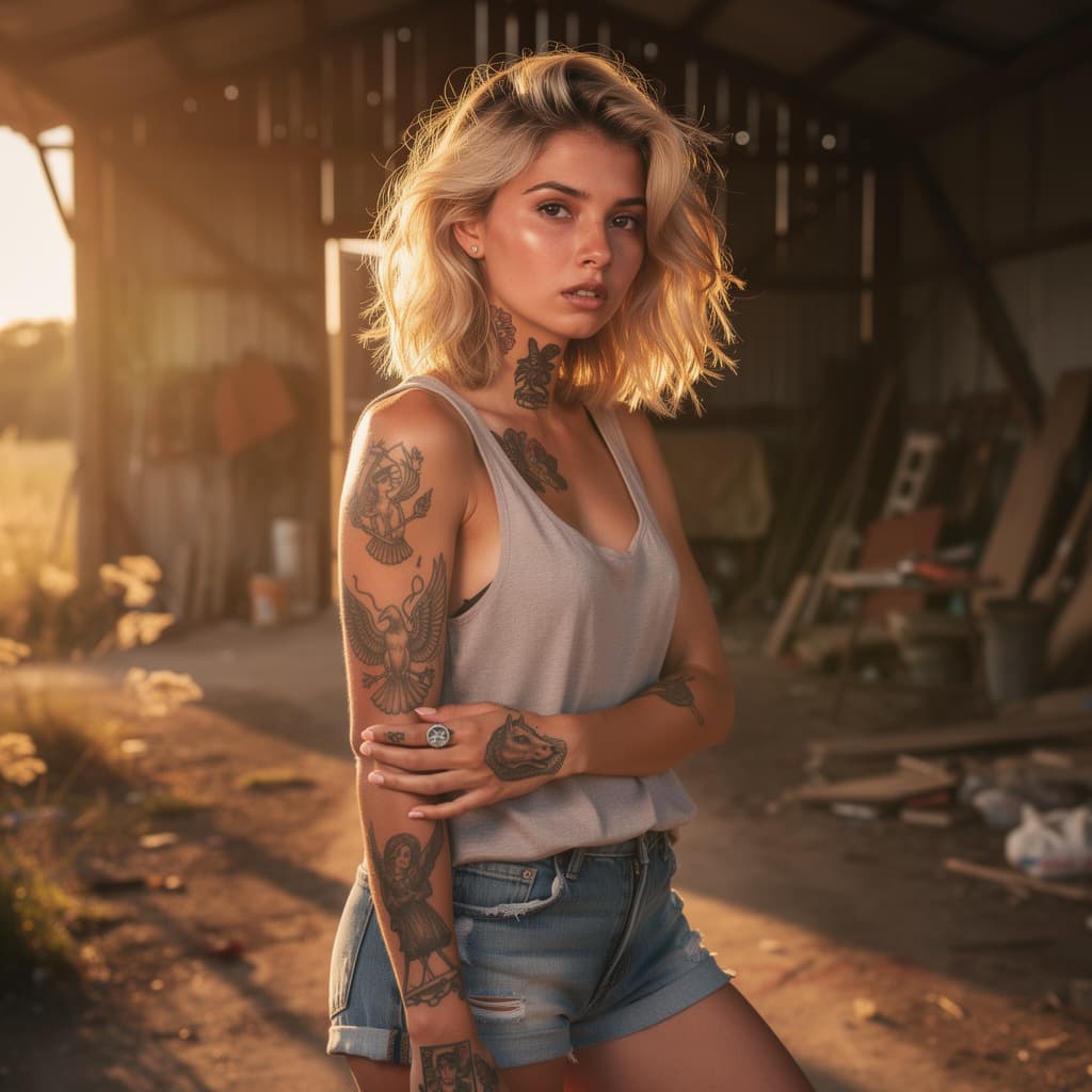 AI generated: Abstract style A woman with sun-kissed skin and tousled blonde hair stands inside a cluttered barn. ...
