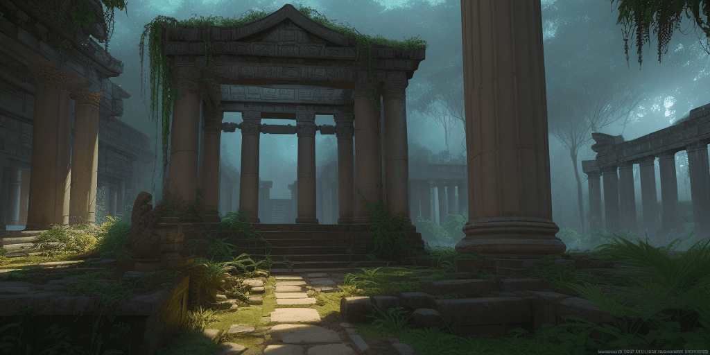 AI generated: glowing gpu crypto mining rig::2 in the middle of an ancient temple, ruins, overgrown with lush vege...